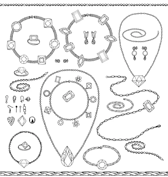 Комплект с драгоценностями, бусами, цепями, ожерельем — стоковый вектор
