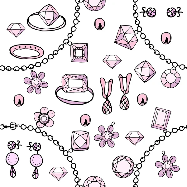 Modèle sans couture avec bracelets, perles, charmes. Texture sans fin, contour, rose et noir . — Image vectorielle