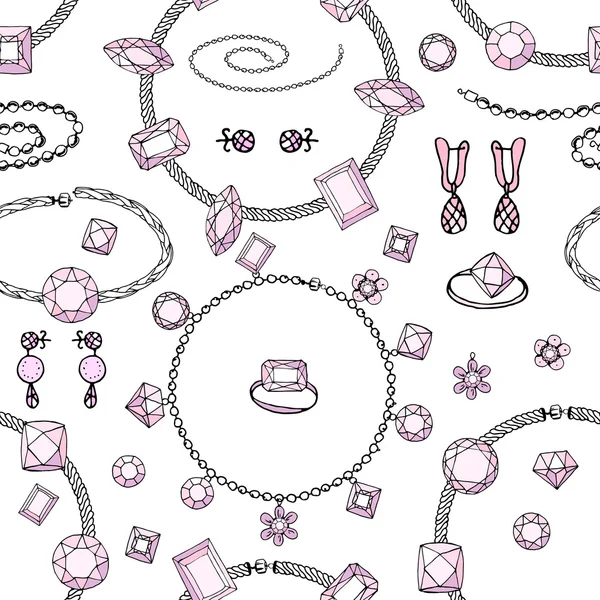 Nahtloses Muster mit Armbändern, Perlen, Charms. endlose Textur, Kontur, rosa und schwarz. — Stockvektor