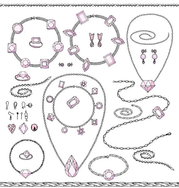 镶有珠宝、 珠子、 链、 项链、 手链与魅力。对象上白色孤立 — 图库矢量图片