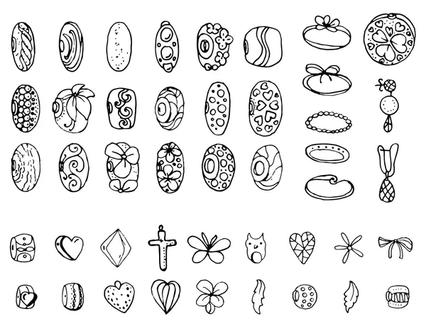 Set with  beads, chains, woman fashion. Contour, black and white. Chains are endless, seamless pattern brushes. — Stockový vektor