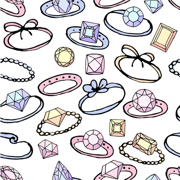 Seamless pattern with stylized rings for girl and young woman. Black contour, white background, pink,blue and yellow color. Endless texture. — ストックベクタ