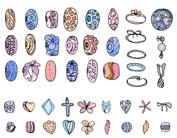 Zestaw z stylizowane pierścienie, koraliki i amulety dla młodej kobiety. Obiekty na białym tle. Kolor czerwony, niebieski i żółty. — Wektor stockowy