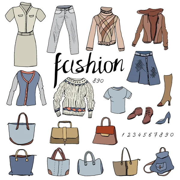 Kleding casual vrouw set. Objecten op wit. — Stockvector