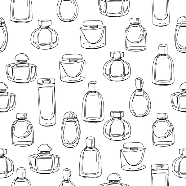 Seamless pattern with different bottles of woman perfume. Contour, black and white. Endless texture for fashion design,wrappings,fabrics. — ストックベクタ