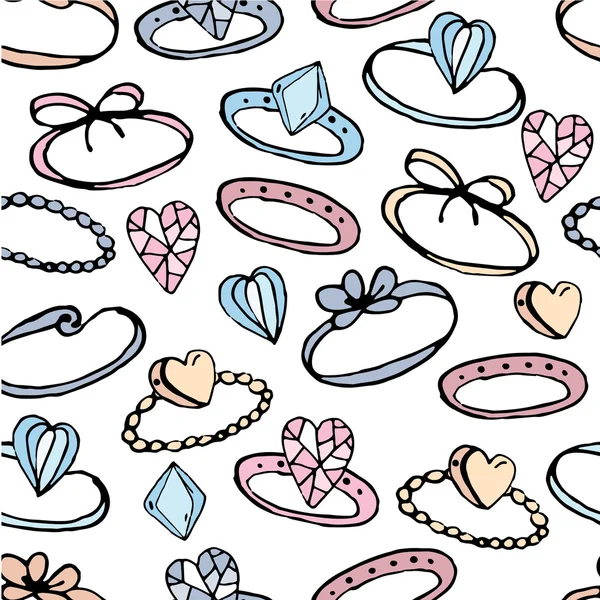 Seamless pattern with stylized rings for girl and young woman. Black contour, white background, pink,blue and yellow color. Endless texture. — ストックベクタ