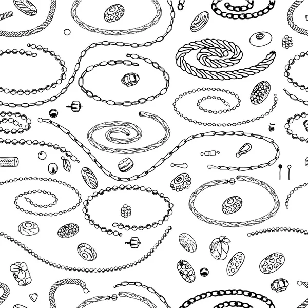 Nahtloses Muster mit Schmuck, Perlen, Ketten, Halskette. schwarz ad weiß, Kontur, von Hand gezeichnet. — Stockvektor