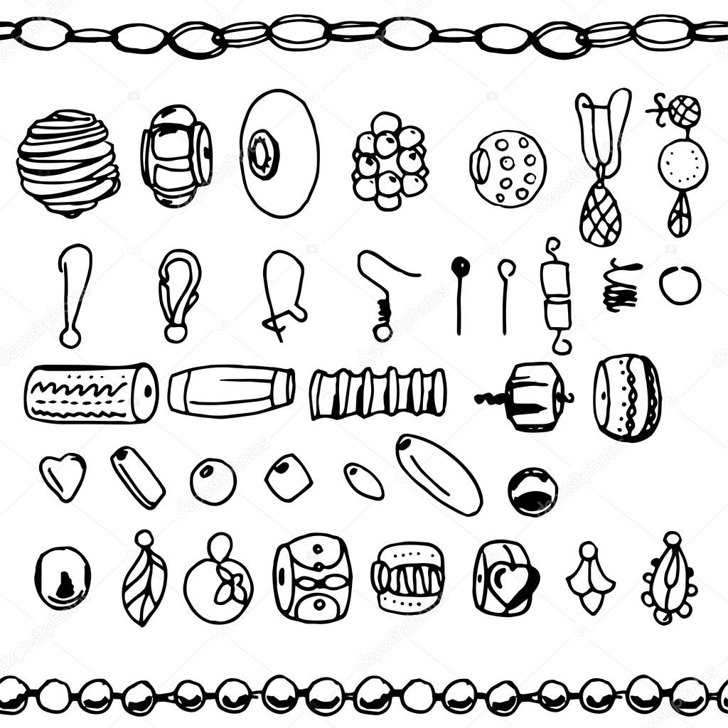 Set with  beads, chains, woman fashion. Contour, black and white. Chains are endless, seamless pattern brushes.