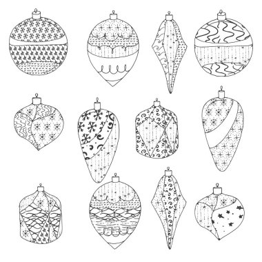 Set ile stilize oyuncaklar süsleyin. Kontur, siyah ve beyaz. Beyaz arka plan üzerinde Noel colllection