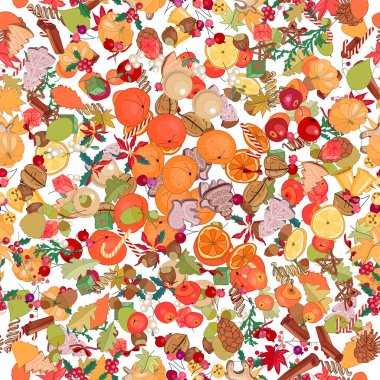 Festival meyve, baharat ve çilek ile Seamless Noel modeli. Sarı, kırmızı ve bej renk. Sonsuz doku.