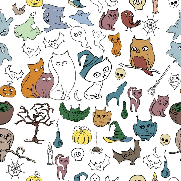 Seamless halloween pattern with different animals. Contour,color — Stock Vector