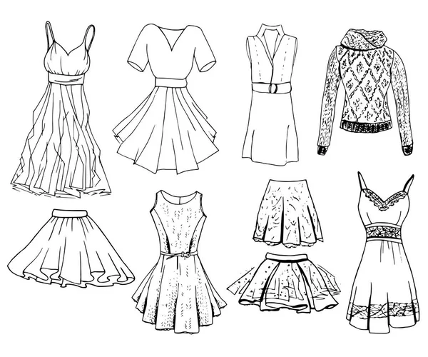 Conjunto de ropa de mujer casual. Objetos en blanco. Blanco y negro, monocromo — Vector de stock