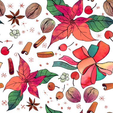 Noel elemanları - Atatürk çiçeği, baharat ve kuruyemiş ile Seamless modeli. Sonsuz şenlikli doku.