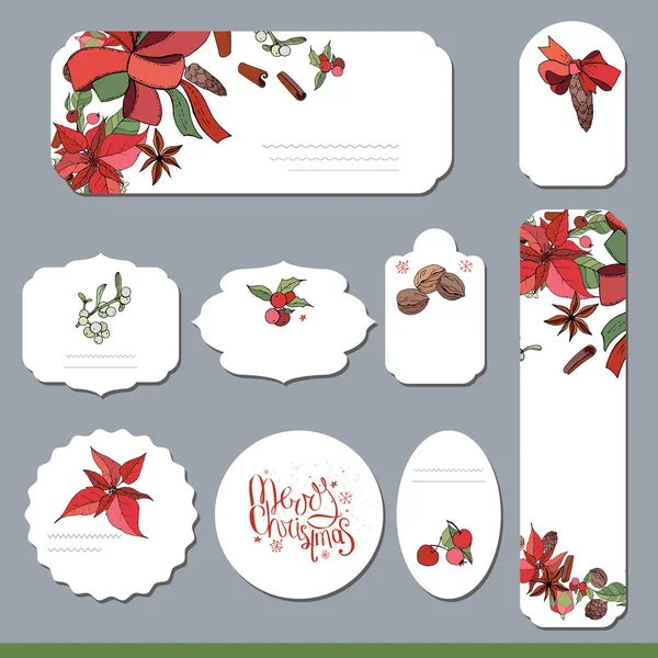 Collection with different floral paper labels for  announcements. Round,square,rectangular, different shapes. Red berries and herbs. Wild flowers. — Stock Vector