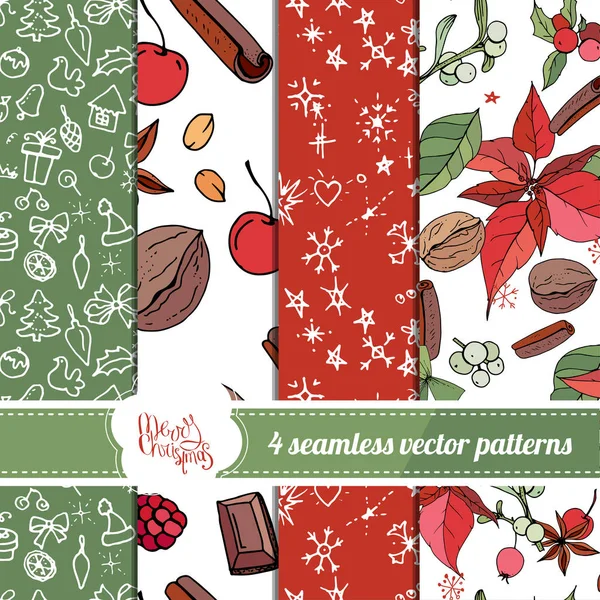 Varrat nélküli karácsonyi minták, piros és zöld színű gyűjteménye. Végtelen textúra ünnepi design — Stock Vector