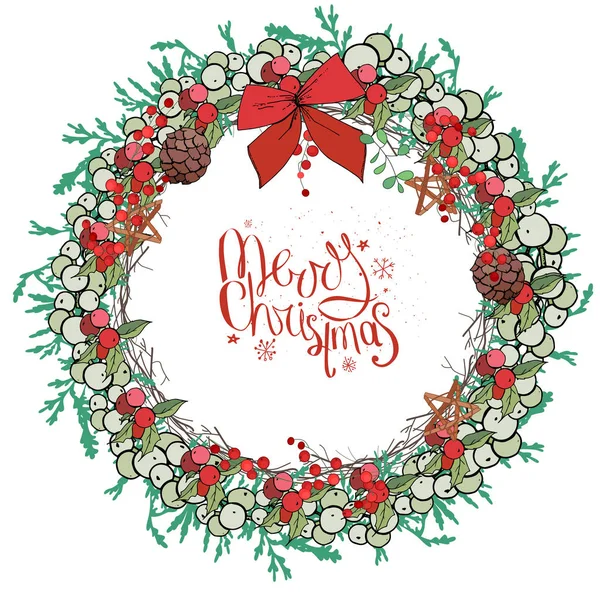 Round Christmas festive wreath on white background. — Stock Vector
