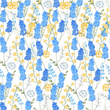 Paskalya bahar laleler, bitkiler, nergis ve otlar ile ayarlayın. Sarı ve mavi renkler. Beyaz arka plan üzerinde izole nesneleri