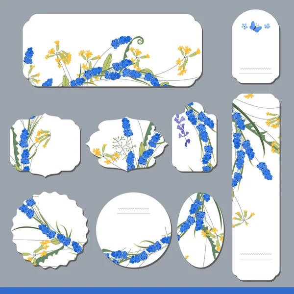 Пасхальный набор с весенними тюльпанами, растениями, нарциссами и травами. Желтый и синий цвета. Объекты, изолированные на белом фоне — стоковый вектор