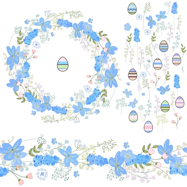 Set de Pascua con tulipanes de primavera, plantas, narcisos y hierbas. Colores amarillo y azul. Objetos aislados sobre fondo blanco — Archivo Imágenes Vectoriales