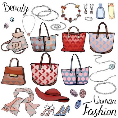 Paketi kadın aksesuarları, mücevher, çanta ile. Beyaz moda tasarımı için nesneler. Farklı stil ve renk renk. Romantik, iş, rahat ve glamour tarzı.