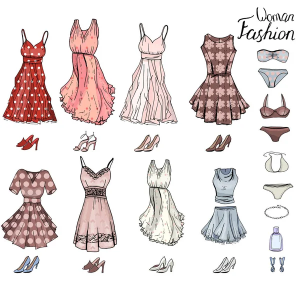 Pack con vestidos de mujer, zapatos y sujetador. Objetos en blanco para el diseño de moda. Color rojo y pastel. Estilo romántico, festivo y glamuroso . — Vector de stock