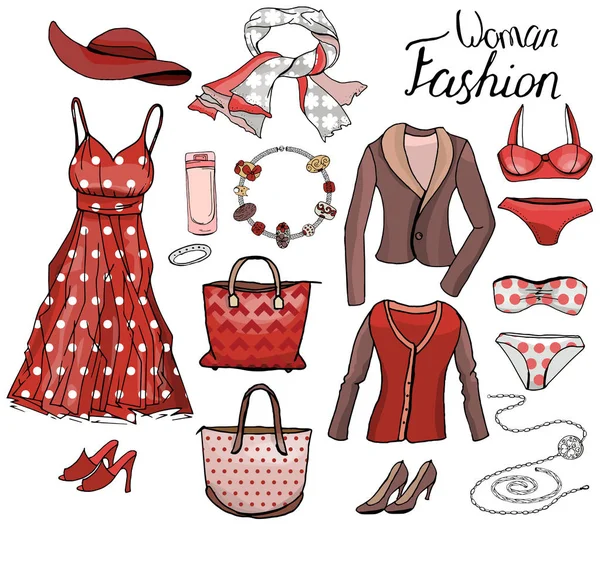 Pack met vrouw jurken, schoenen en BH. Objecten op wit voor modevormgeving. Rode en bruine kleur. Romantische en casual stijl. — Stockvector