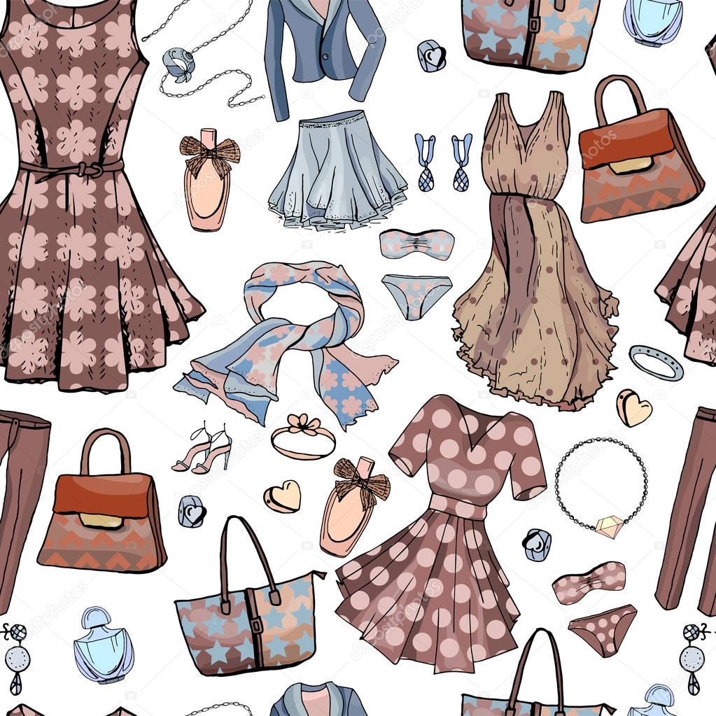 Seamless pattern with woman dresses, underwear, bra, accessories, jewel, bags. Endless texture for fashion design. Objects on white ,beige and light blue color. Romantic and glamour style.