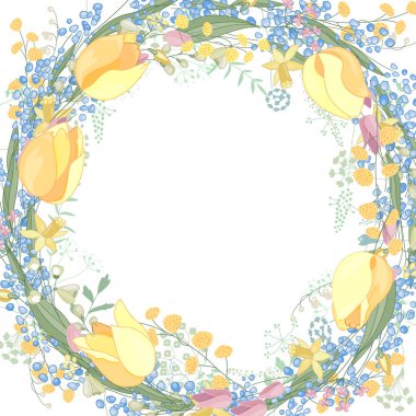 Güzel çiçekler muscari, Lale ve Nergis ile yuvarlak boş çerçeve. Sezon tasarımınız için Festival çiçek daire.