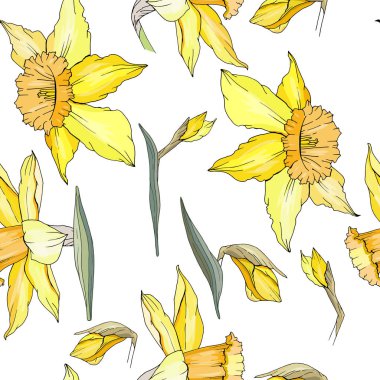 Sarı nergis ile sorunsuz çiçek dekoratif desenli. Tasarım, kumaşlar, dekor için sonsuz doku.