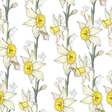 Beyaz nergis ile sorunsuz çiçek dekoratif desenli. Tasarım, kumaşlar, dekor için sonsuz doku.