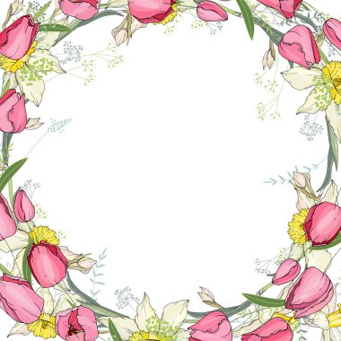 Tebrik kartı yuvarlak çerçeveli Lale ve Nergis yapılmış. Pembe, sarı ve kırmızı çiçekler ve test için yer