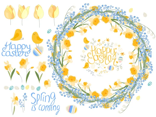 Marco redondo con bonitos narcisos, muscari y texto Feliz Pascua. Círculo floral festivo para su diseño de temporada . — Vector de stock