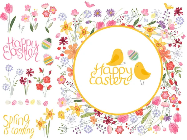 Kulatý rám s textem Veselé Velikonoce a krásné kuřat. Slavnostní Květinové kroužek pro sezónu design. — Stockový vektor
