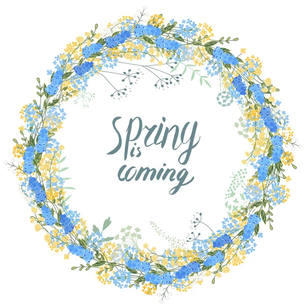 Cadre rond avec de jolies fleurs et texte Le printemps arrive. Cercle floral festif pour votre conception de saison . — Image vectorielle