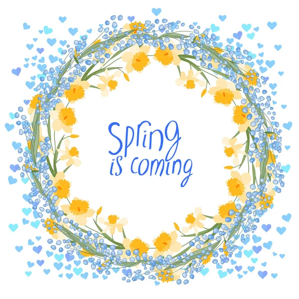 Round frame with pretty flowers dandelions and text Spring is coming. Festive floral circle for your season design.