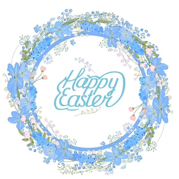Marco redondo con bonitas flores muscari y texto Feliz Pascua. Círculo floral festivo para su diseño de temporada . — Vector de stock