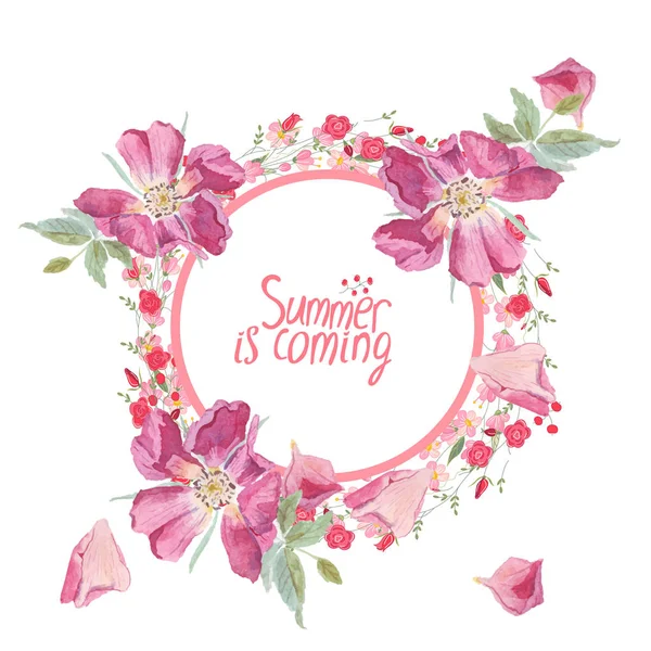 Marco redondo con bonitas flores rosas y texto Se acerca la primavera. Círculo floral festivo para su diseño de temporada . — Vector de stock