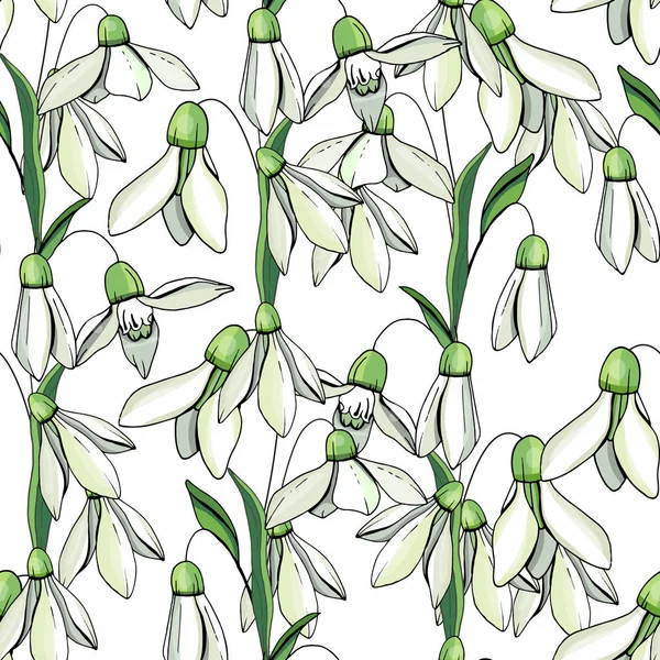 Seamless floral decorative pattern with snowdrops. Endless texture for your design, fabrics, decor. — Stock Vector