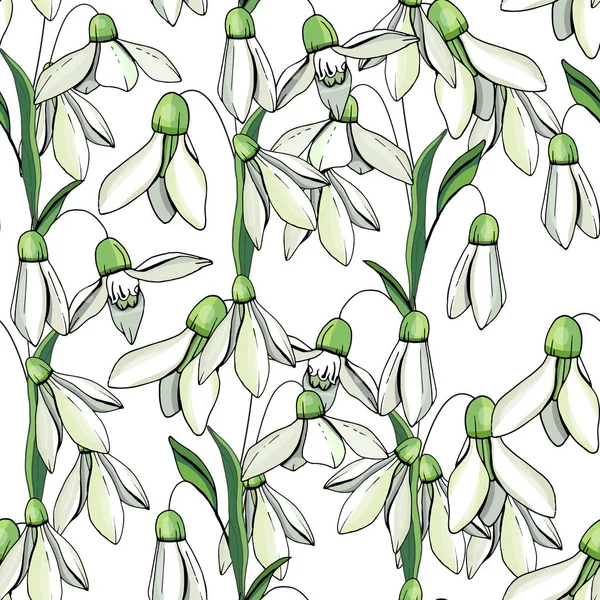 Naadloze decoratieve bloemmotief met sneeuwklokjes. Eindeloze textuur voor uw ontwerp, stoffen, decor. — Stockvector