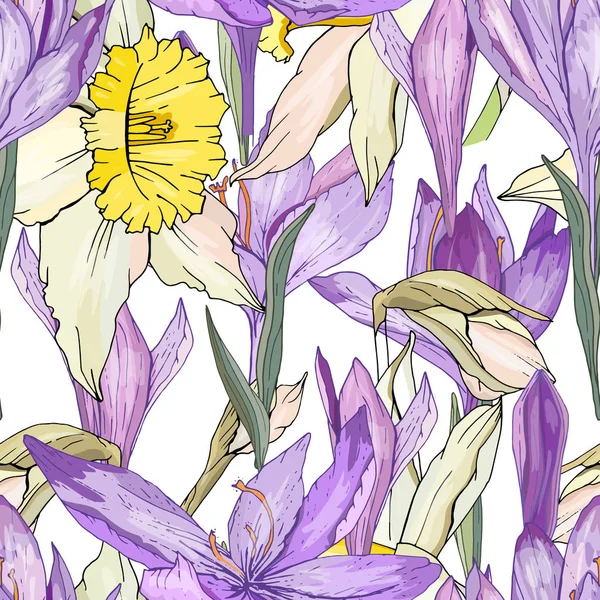 Naadloze seizoen patroon met blauwe Krokussen en gele narcissen. Eindeloze textuur voor bloemen zomer ontwerp met bloemen — Stockvector