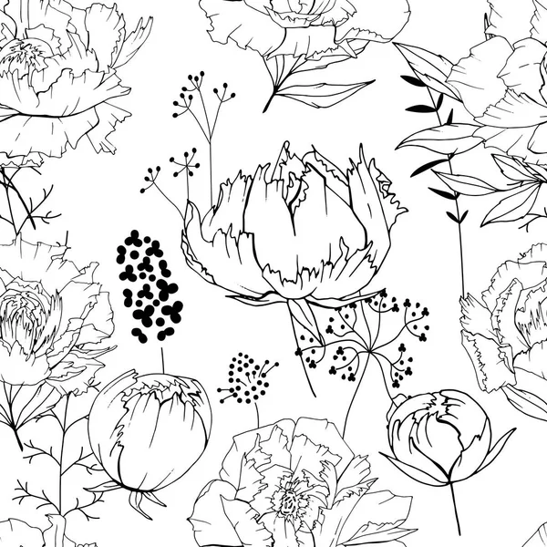 Sezon streszczenie wzór Brak konturu i białych kwiatów. Niekończące się tekstury dla projektowania kwiatowy lato — Wektor stockowy