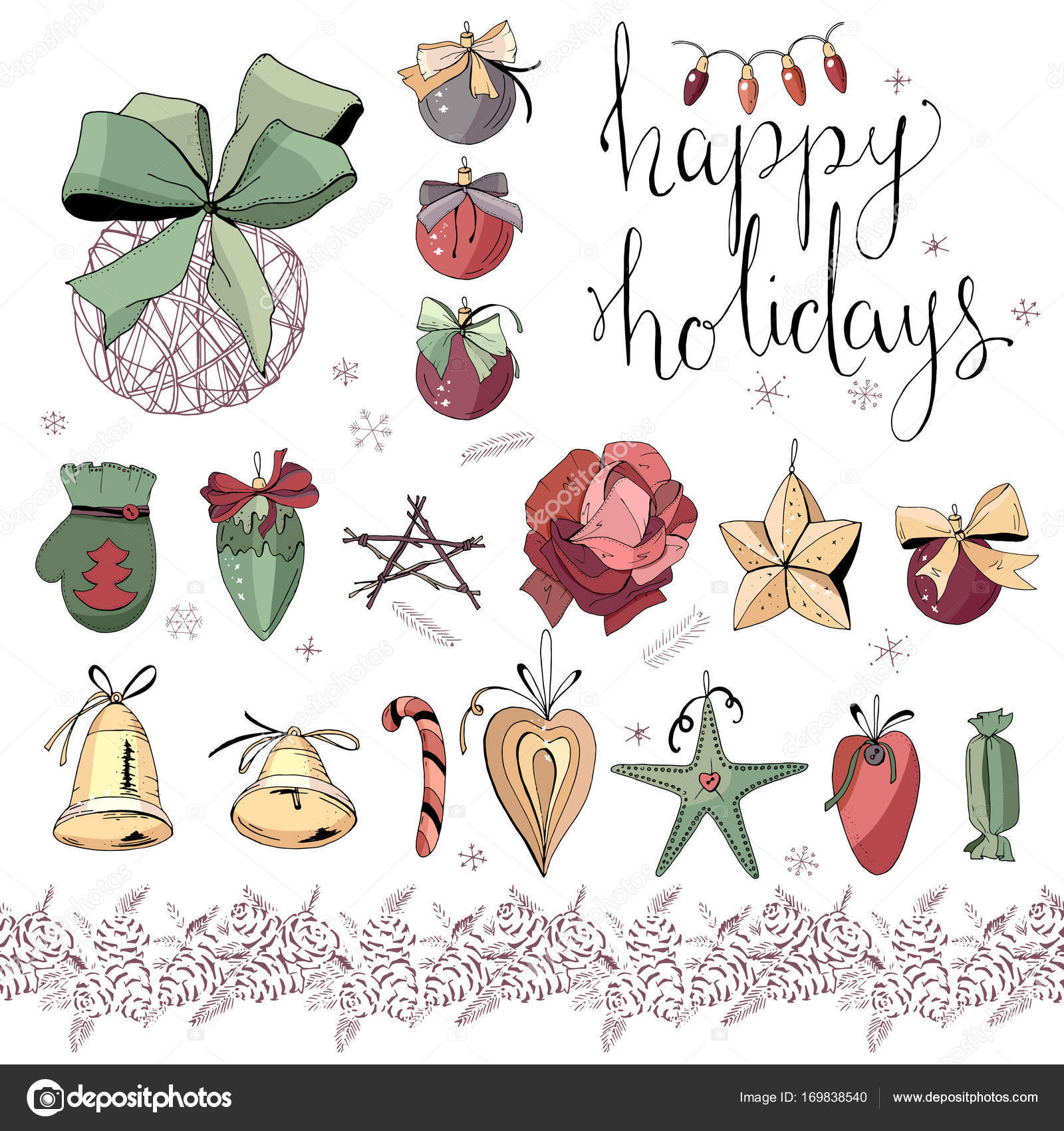 Grande insieme con la decorazione di Natale dell annata isolato su bianco Festivi elementi e simboli stile retr² per disegno di stagione del nuovo anno