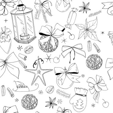 Noel vintage dekorasyon ile Seamless modeli. Yeni yıl Beyaz retro semboller. Siyah ve beyaz, kontur, elle çizilmiş. Festival sezonu tasarımı için sonsuz doku.