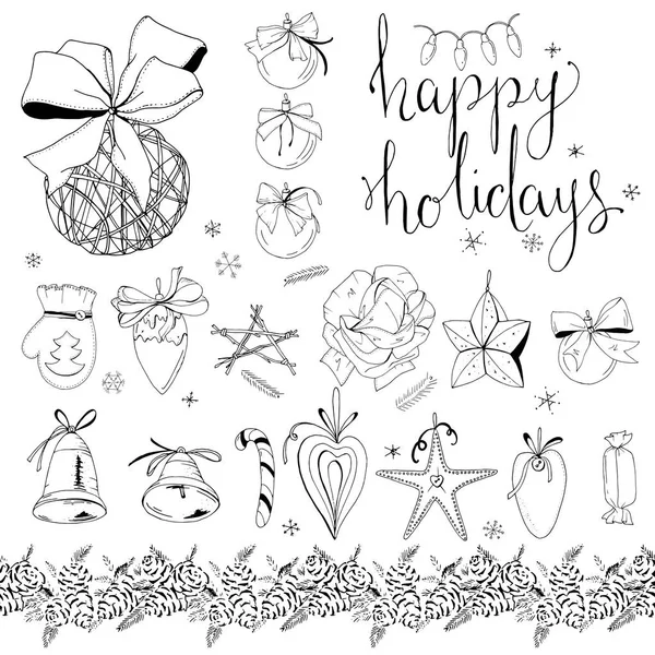Большой набор с винтажным рождественским декором изолирован на белом. Праздничные элементы и символы, ретро стиль, для дизайна новогоднего сезона. Черно-белый, контур, рисунок рукой . — стоковый вектор