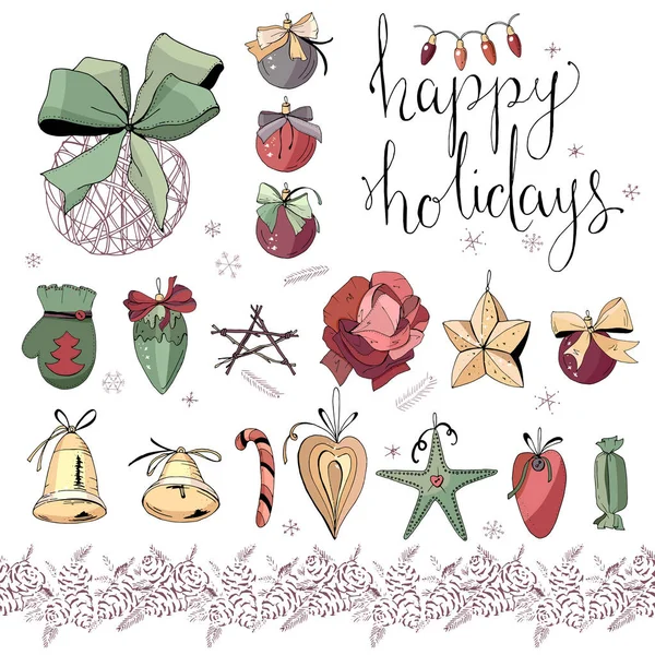 큰 흰색 절연 빈티지 크리스마스 장식으로 설정 합니다. 축제 요소와 기호, 복고 스타일, 새 해에 대 한 디자인 시즌. 녹색, 금 및 어두운 붉은 색, 등고선, 손으로 그린. — 스톡 벡터
