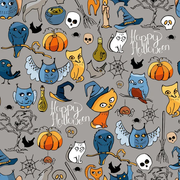 Seamless pattern with Halloween symbols. Endless texture with cute doodles — Stock Vector