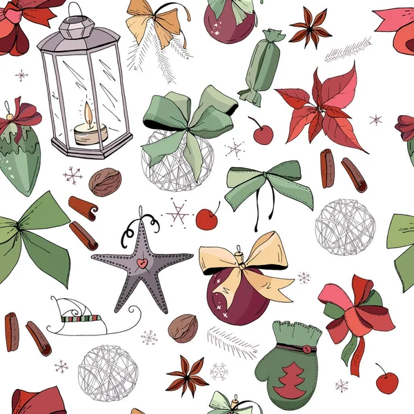 Varrat nélküli mintát vintage karácsonyi dekoráció. Új év retro szimbólumok, fehér. Zöld, barna és sötét vörös színű, kontúr, kézzel rajzolt. Végtelen textúra ünnepi design. — Stock Vector