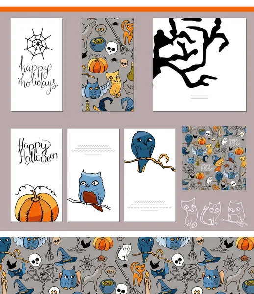 Halloween-Symbole auf Visitenkarten und Plakaten. — Stockvektor