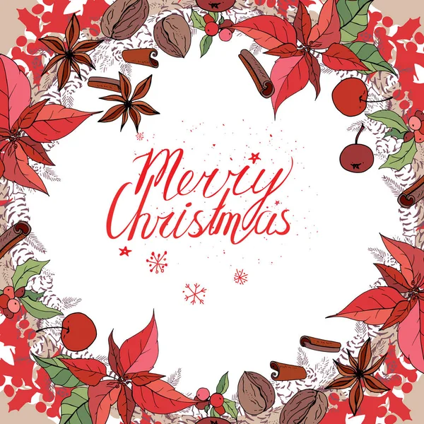 Pretty card with Christmas decoration. Round garland decorated with season festive elements. Calligraphy phrase Merry Christmas. For season greeting cards, posters,advertisement. Vintage style. — Stock Vector