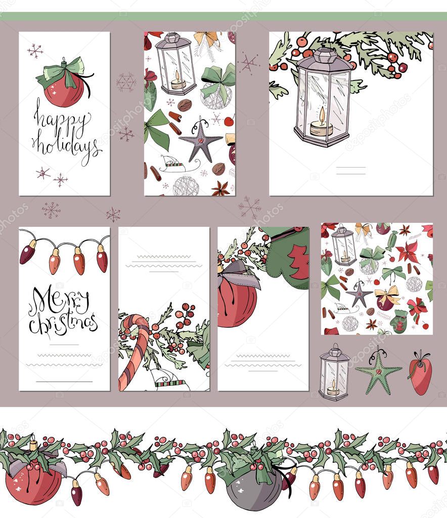 Big set with vintage Christmas decoration. Flyers, banners, visit cards.  Festive elements and symbols, retro style, for new year season design. Green and dark red color, contour, hand drawn.